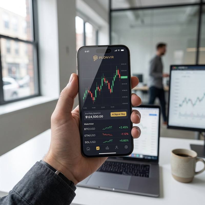 Dłoń trzymająca smartfon z aplikacją Plonvir: wykres świecowy, saldo portfela i lista obserwowanych kryptowalut, w tle biuro z monitorami